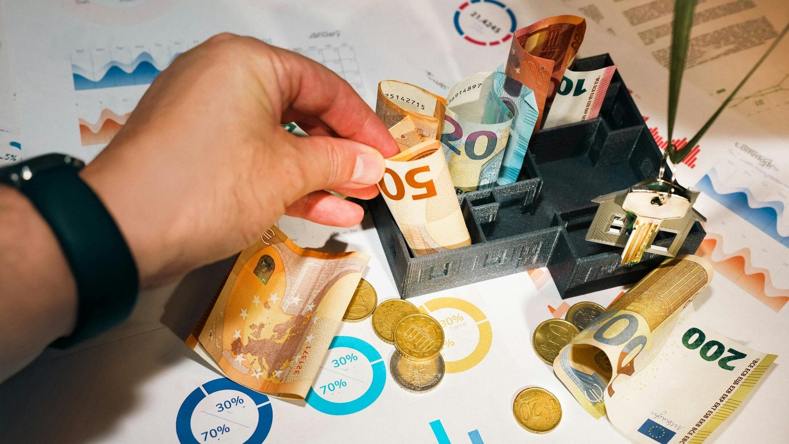 Bijnor Area me Ghar Banane ka Approx Cost | Euro bills and coins with financial charts showcasing budgeting and investment planning.