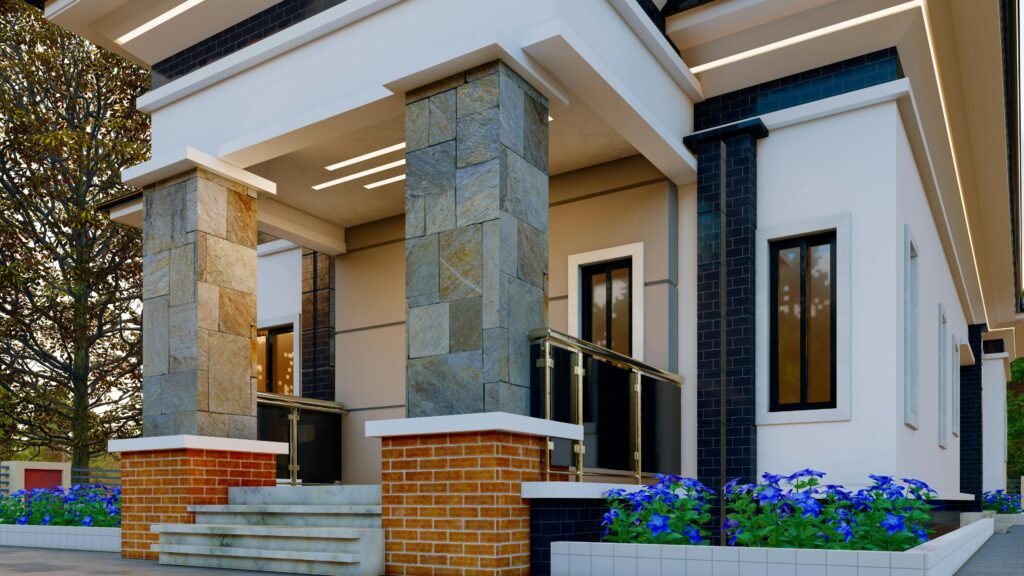 3D एलीवेशन क्या होता है? | UA Map Studio, स्योहारा | बिजनौर | Contemporary house entry with stone pillars and brick steps. Modern facade design