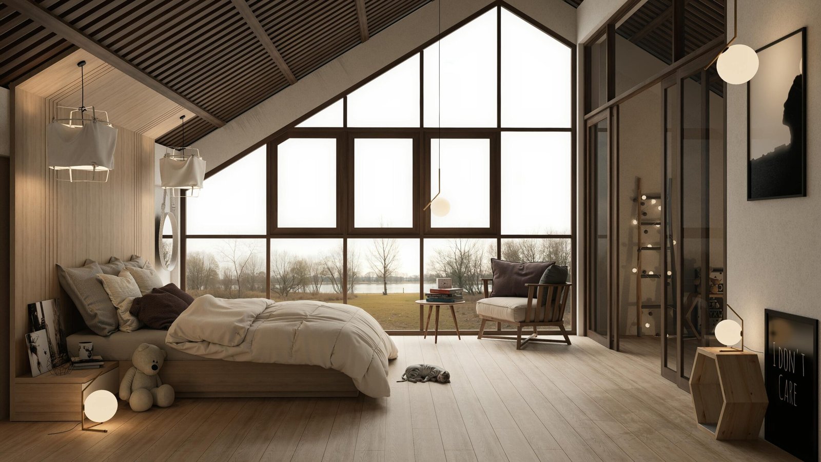 25x50 Plot House Plan Design | Designing Cozy Bedrooms | A warm, modern bedroom featuring a large window with serene outdoor view, wooden accents, and soft lighting.