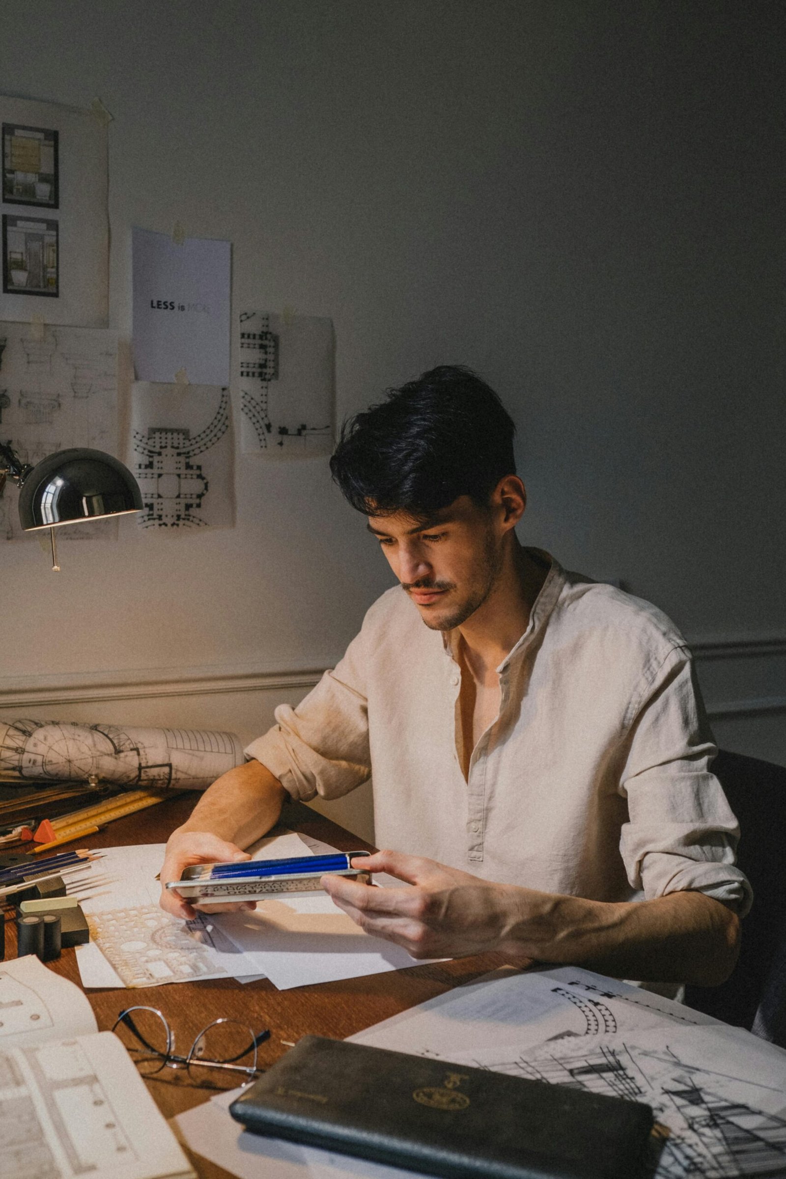 Architect working on designs at a desk filled with plans and sketches.