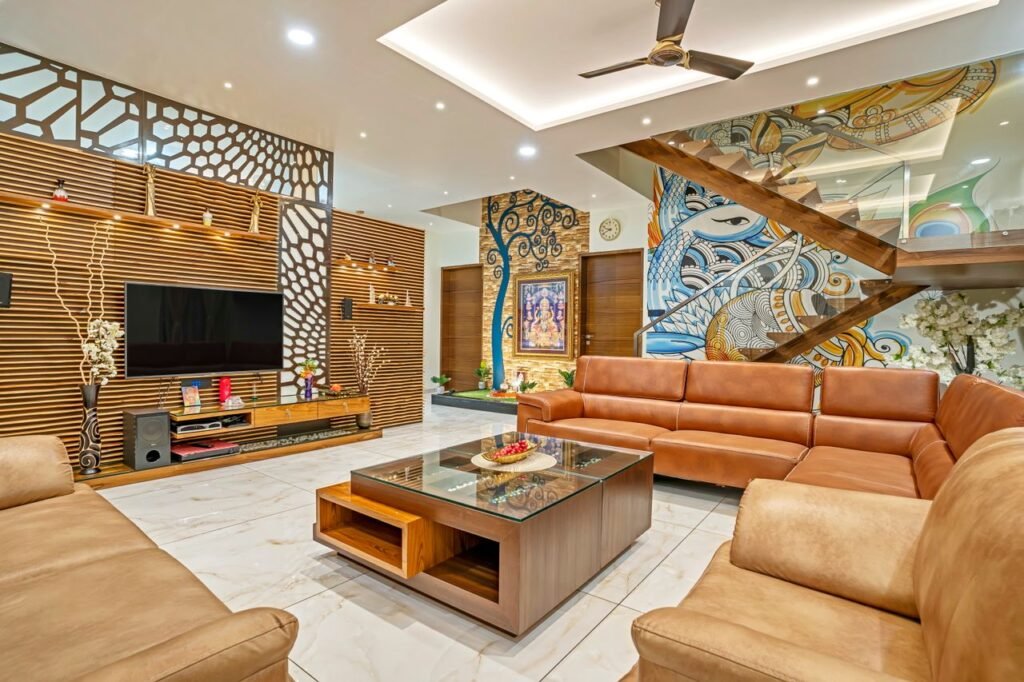 Custom Home Map Design | Elegant modern living room with luxurious decor in Mumbai, India.